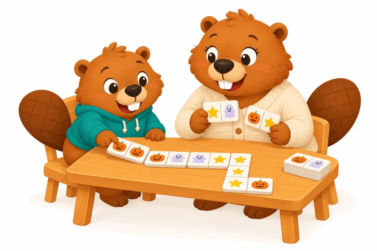 La mascotte LudiFab pose un domino illustré dans une chaîne de cartes, avec un parent castor en gilet crème.