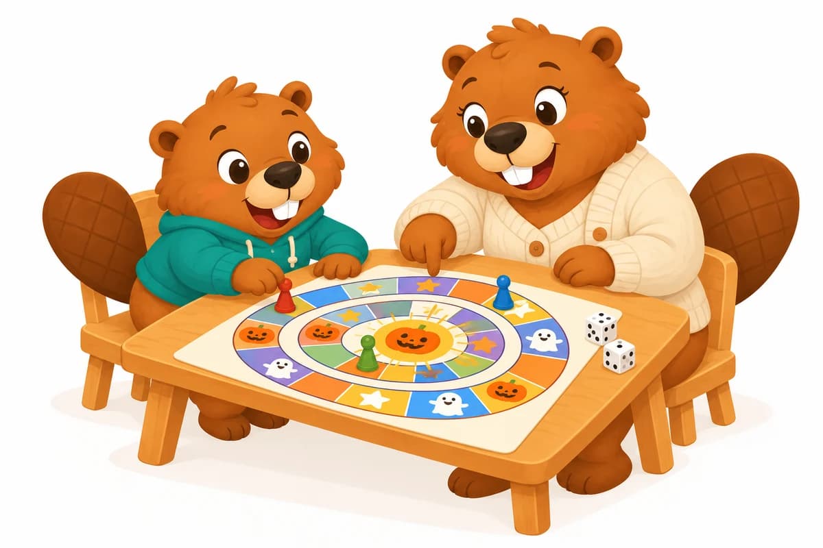 La mascotte LudiFab déplace un pion sur un jeu de l’oie en spirale avec un parent castor, près de deux dés.